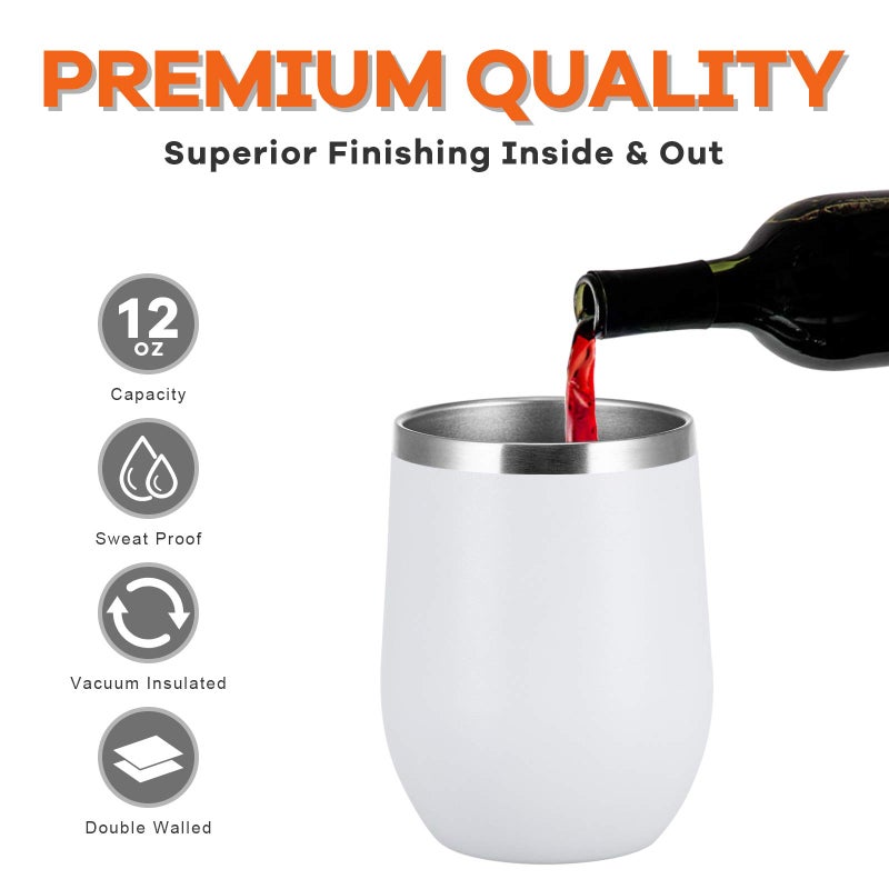 COMOOO 12oz Wine Tumbler with Lid and Straw, Stainless Steel Stemless Wine Glass, Double Wall Vacuum Insulated Wine Tumbler Cup, Cocktails,Beer,Champaign, White, 8 Pack - Image 4
